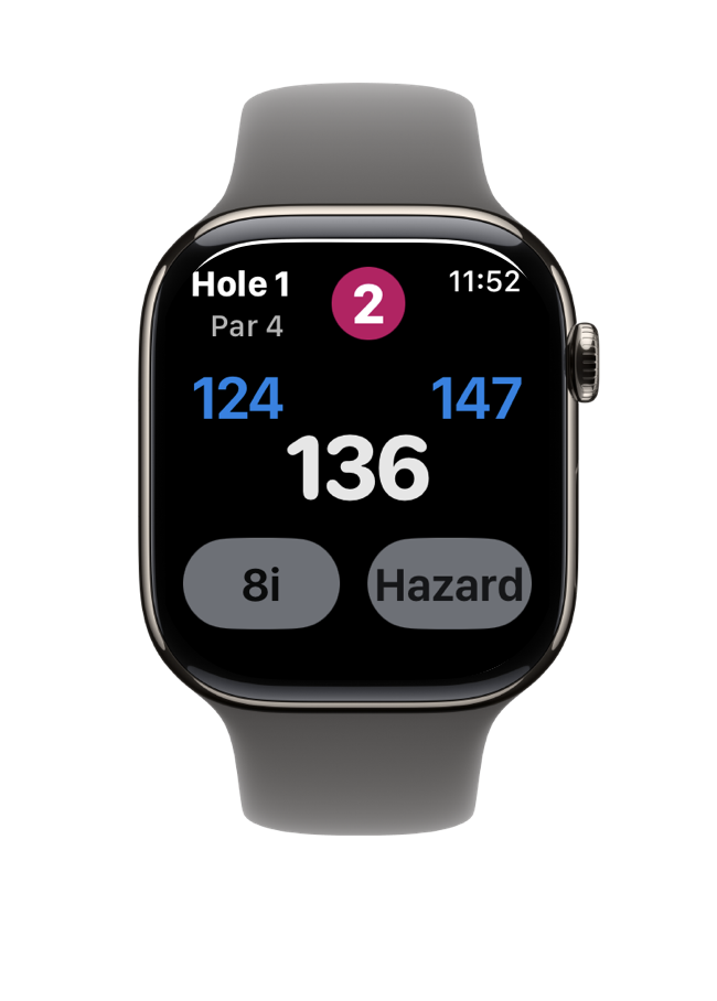 Apple Watch 11 showing GPS distances to green with club recommendation