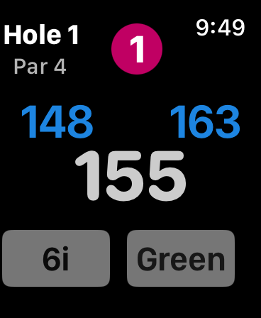 Apple Watch showing GPS distances to green with club recommendation